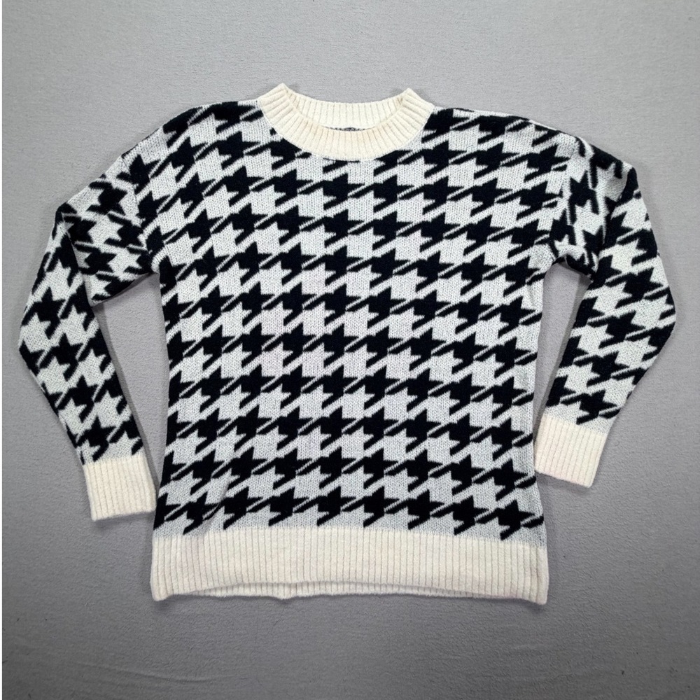 Lou & Grey Women Sweater Regular Black White Houndstooth Knit Crewneck M